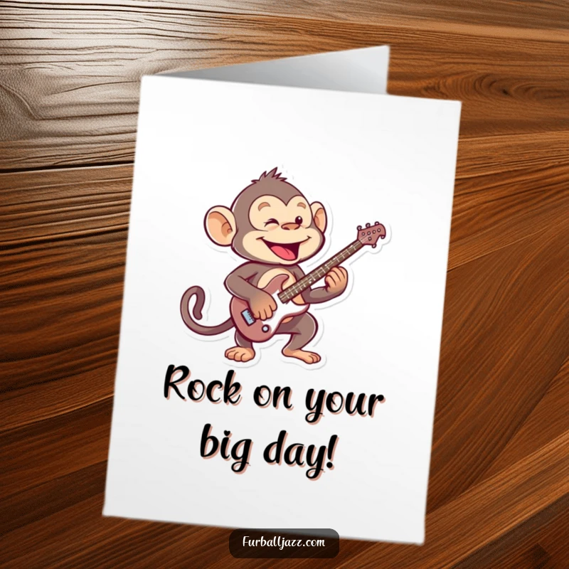 Funny Free Printable Birthday Card: Mischievous monkey playing an energetic electric guitar solo with flair.
