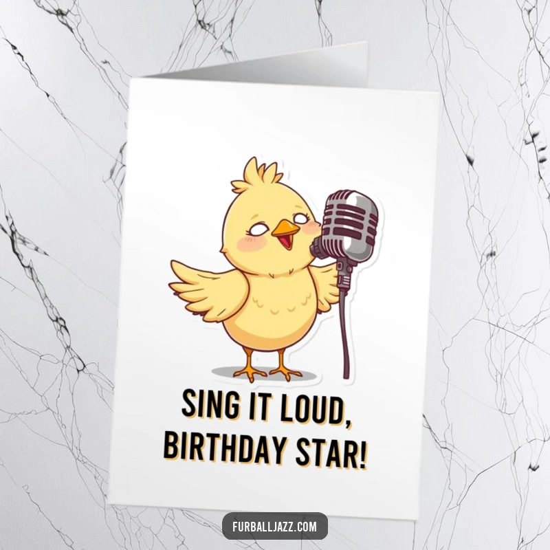 Funny Free Printable Birthday Card featuring a whimsical bird singing passionately into a vintage microphone, celebrating joyfully.