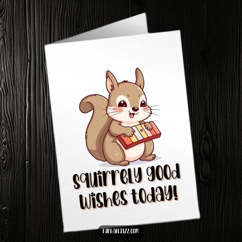 Funny Free Printable Birthday Card: A squirrel enthusiastically plays a xylophone, spreading musical cheer for a happy celebration.