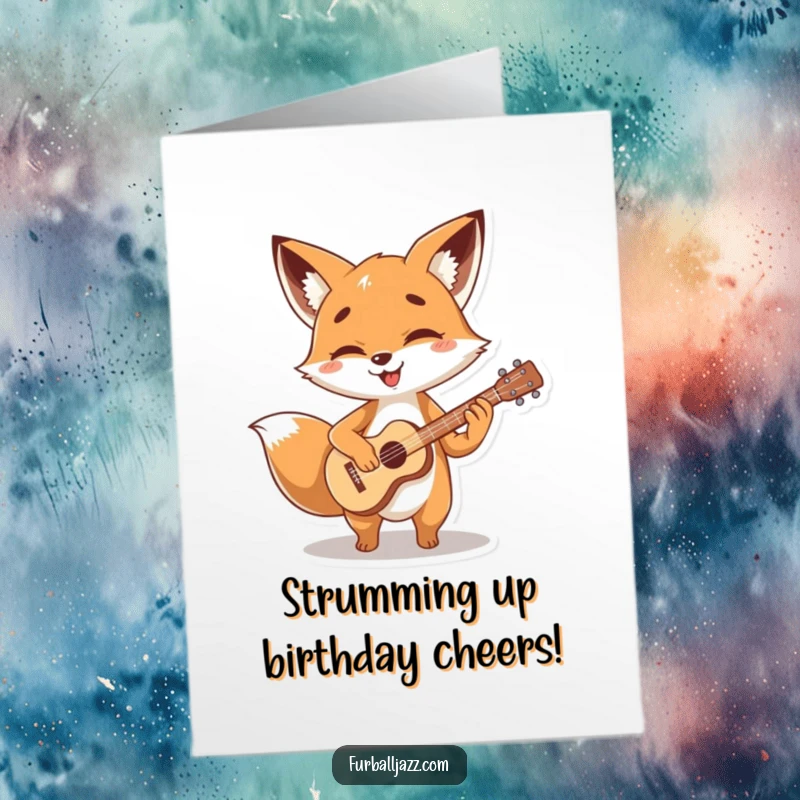 Funny Free Printable Birthday Card of a cute fox character joyfully strumming a tiny, stylized guitar with a big smile.