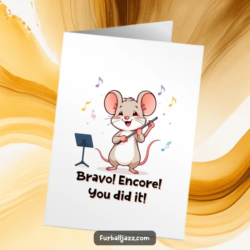 Funny Free Printable Congratulations Card with a happy mouse energetically conducting an invisible orchestra, celebrating a victory.