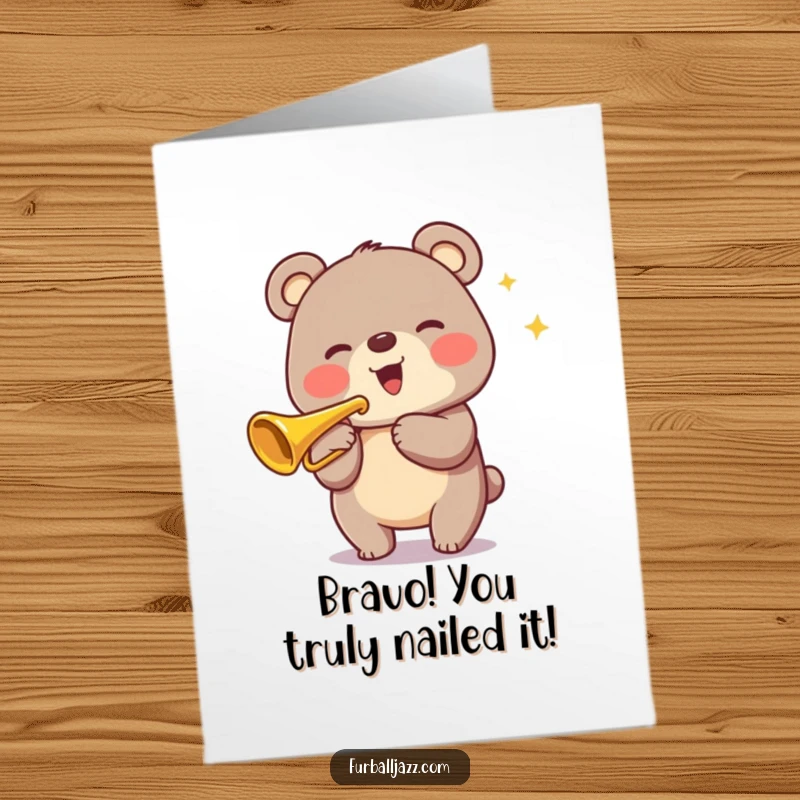 Funny free printable congratulations card: A bear proudly plays a gleaming trumpet, announcing wonderful news with a cheerful smile.