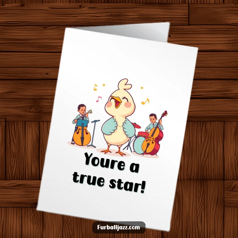 Funny Free Printable Congratulations Card: A happy bird belts out a tune alongside a cool, supportive jazz band.