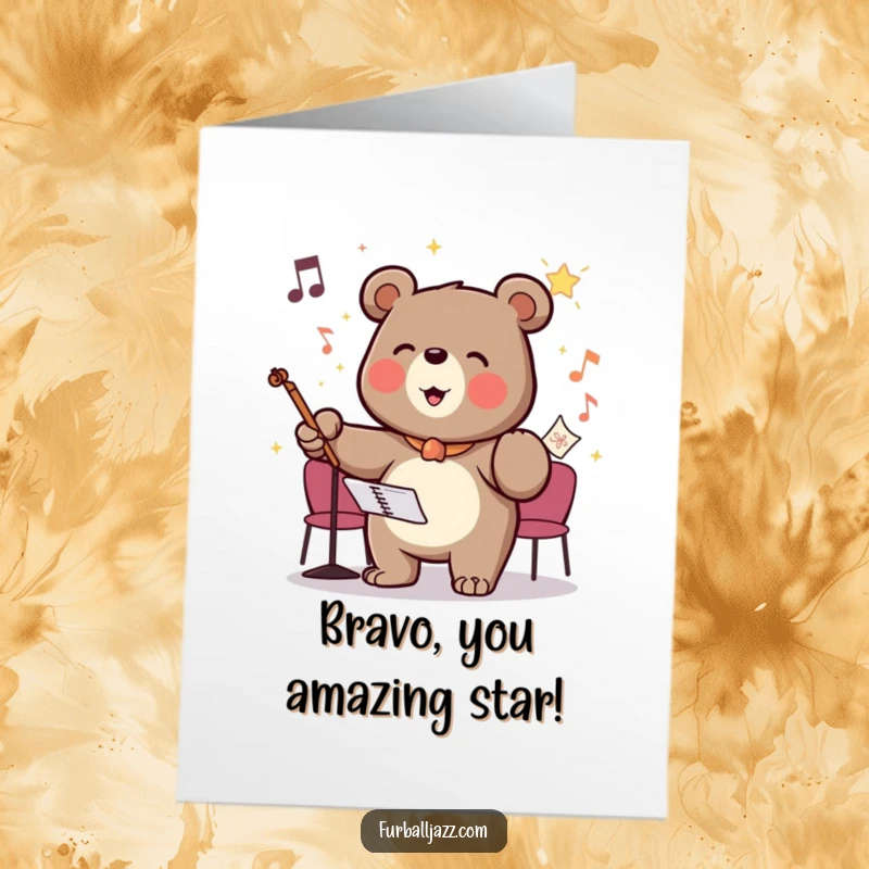Funny Free Printable Congratulations Card with a bear conductor leading an imaginary symphony, celebrating triumphant moments.