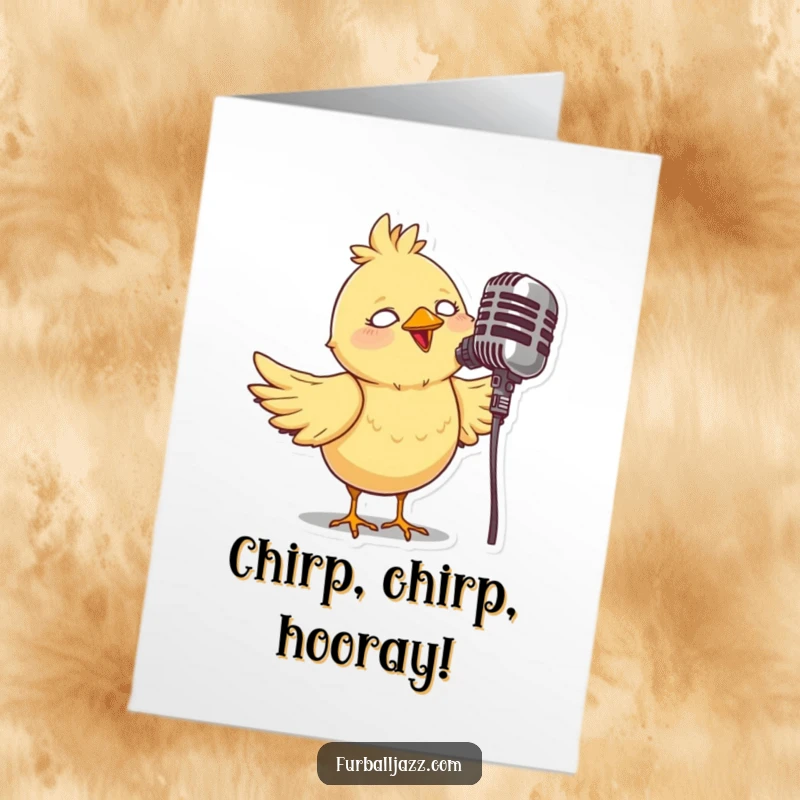 Funny Free Printable Congratulations Card with a bird character singing into a retro microphone, championing great news.