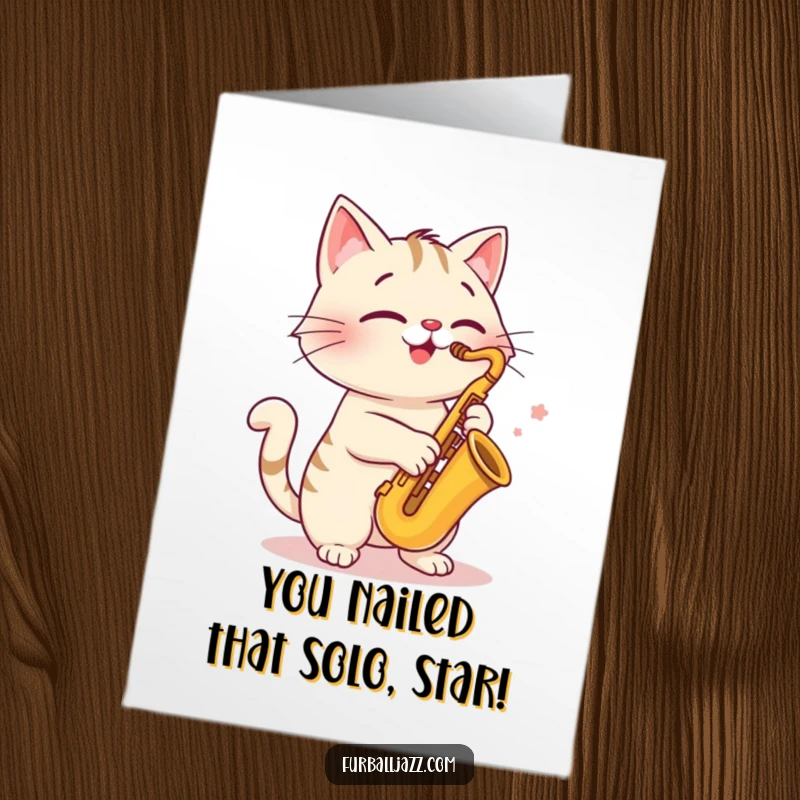Funny Free Printable Congrats Card: A cheerful cat plays a saxophone energetically, celebrating an achievement.