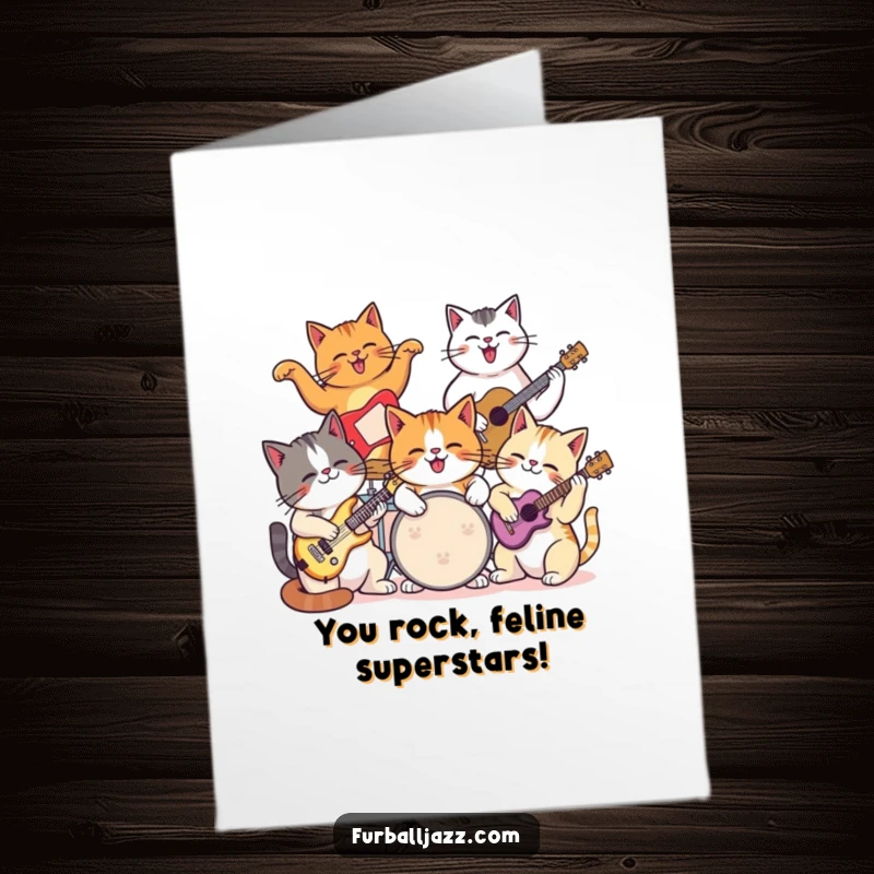 Funny Free Printable Congrats Card: A joyful ensemble of cats rocking out on instruments in a band.