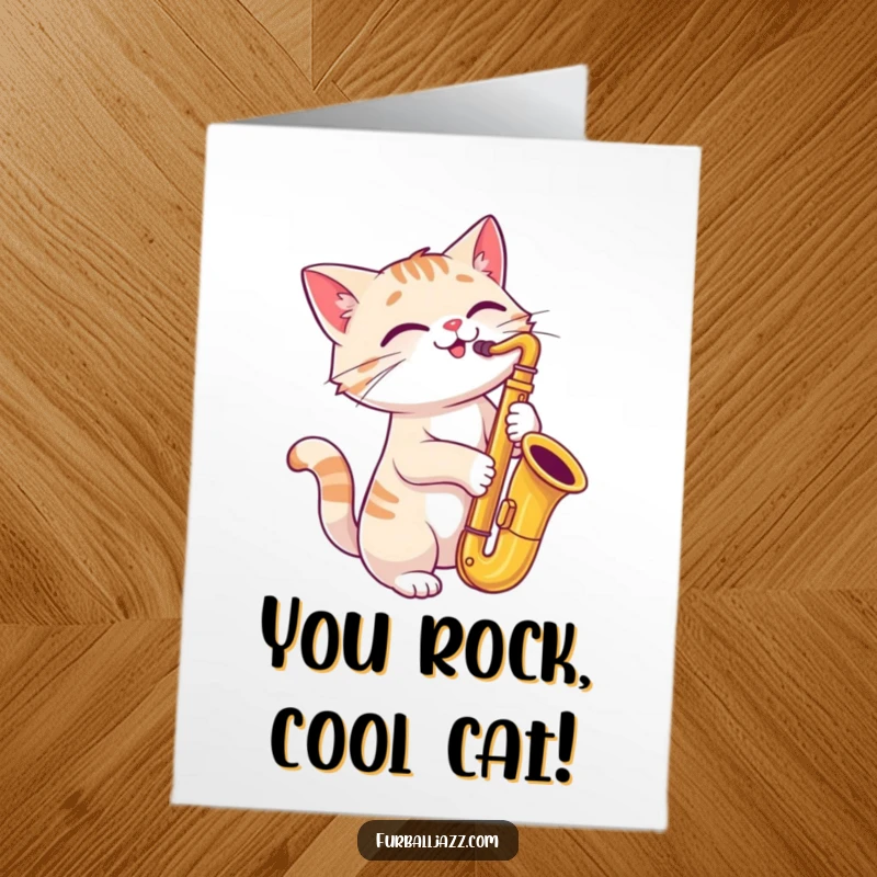 Funny Free Printable Congratulations Card featuring a cat playing the saxophone with a joyful, tilted head, a unique downloadable cheer.