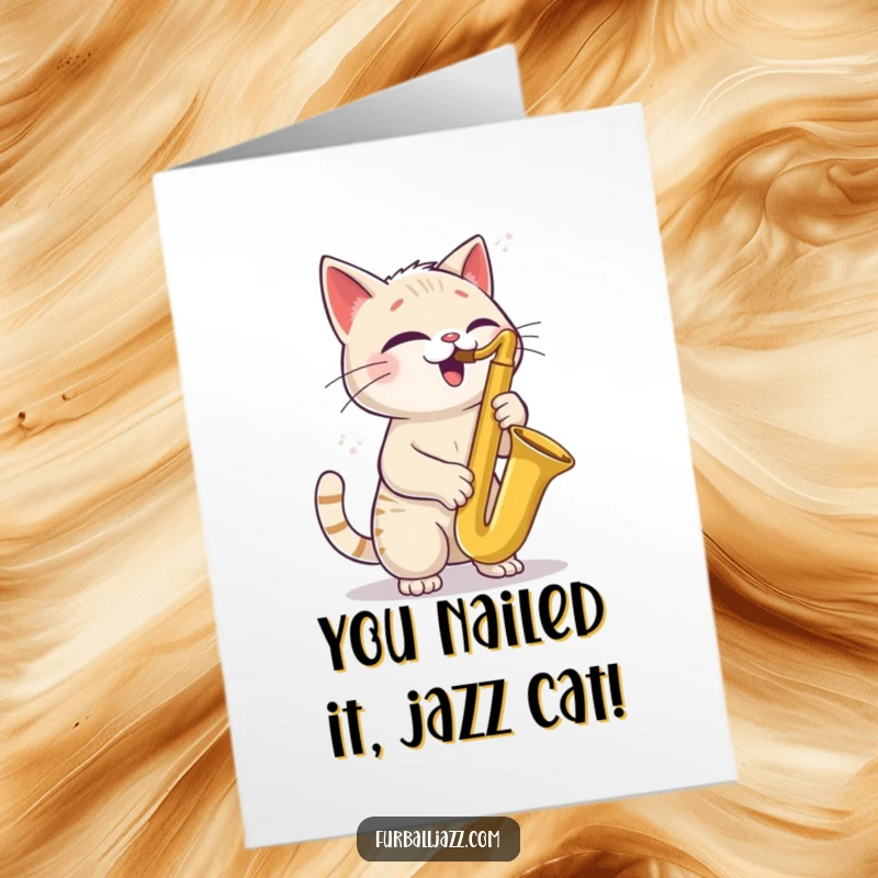 Funny Free Printable Congratulations Card: A cat joyfully plays a saxophone with a tilted head, celebrating success musically.