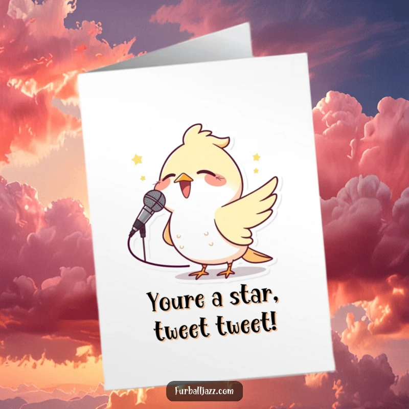 Funny free printable congratulations card: A bird joyfully sings into a microphone, celebrating good news with a vibrant performance.