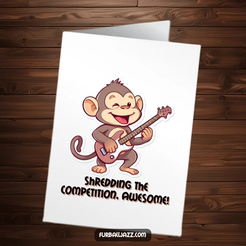 Funny Free Printable Congrats Card: A playful monkey performing an epic guitar solo, celebrating a big win.