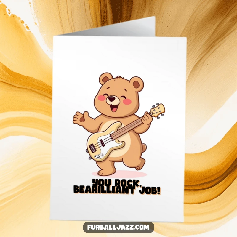 Funny Free Printable Congratulations Card: Bear happily jigging while playing bass guitar, celebrating success, a downloadable gift.