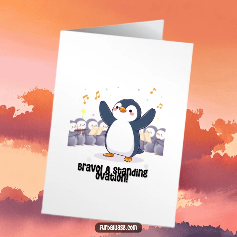 Funny Free Printable Congratulations Card: Penguin enthusiastically conducting an orchestra, celebrating success with dramatic flair. A downloadable masterpiece.