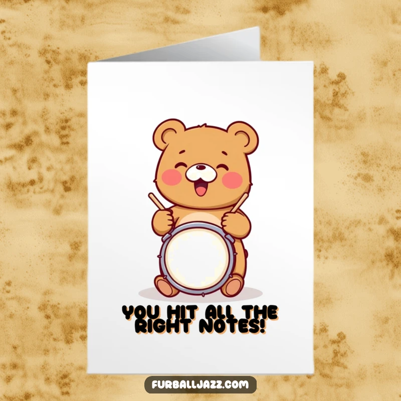 Funny Free Printable Congratulations Card featuring a happy bear character energetically playing drums, symbolizing a triumphant achievement.
