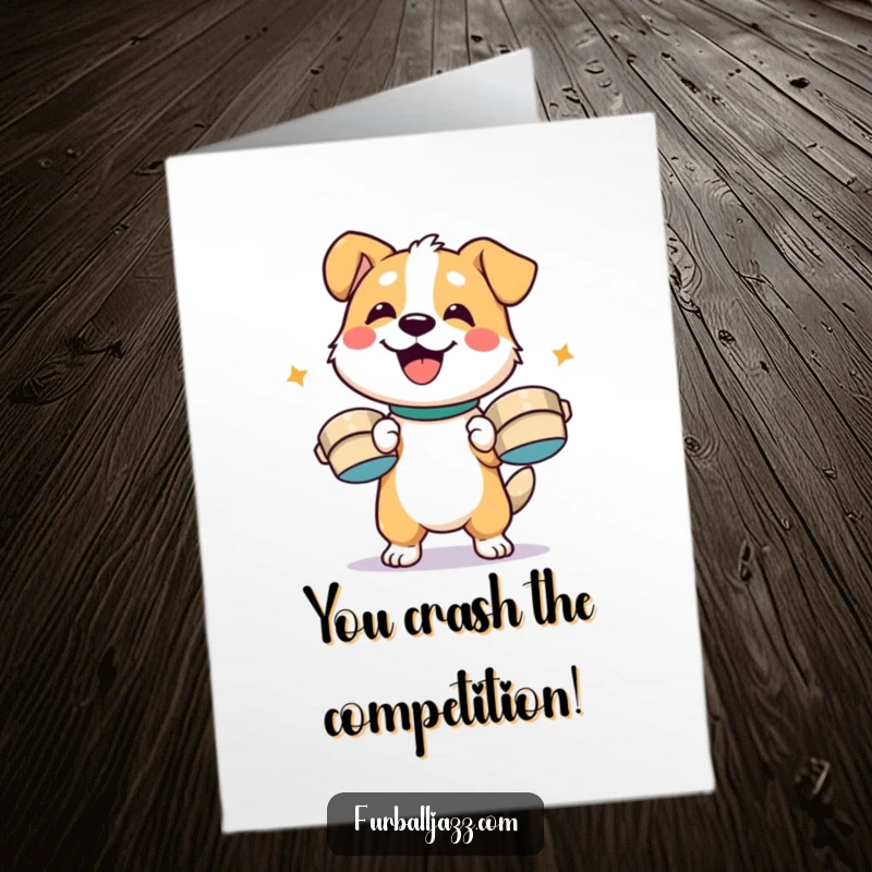 Funny Free Printable Congratulations Card featuring a happy dog character enthusiastically playing cymbals, symbolizing a successful achievement.