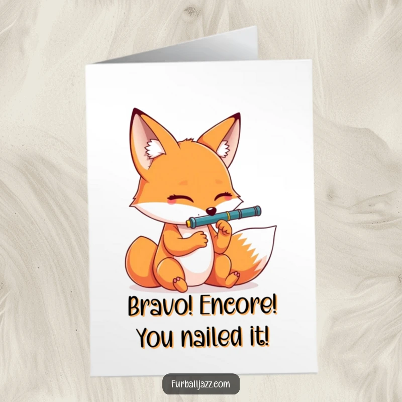 Funny Free Printable congratulations card with a dramatic fox playing a clarinet, ideal for a downloadable DIY gift celebrating success.