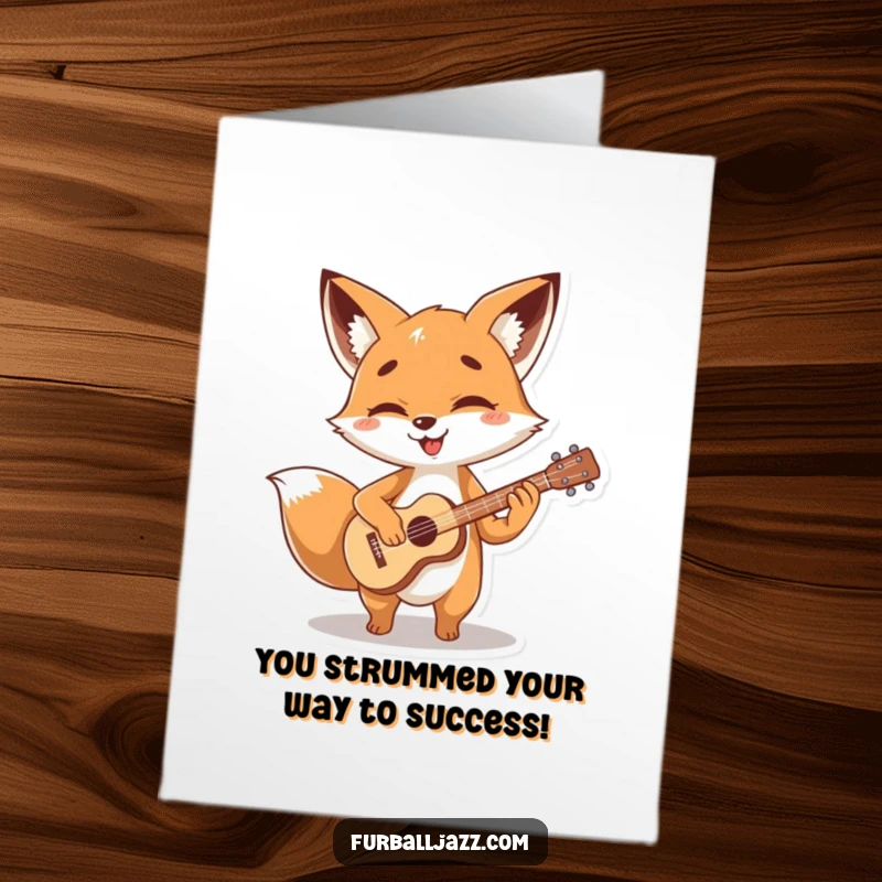 Funny Free Printable Congratulations Card featuring a happy fox character energetically playing a small guitar, celebrating success.