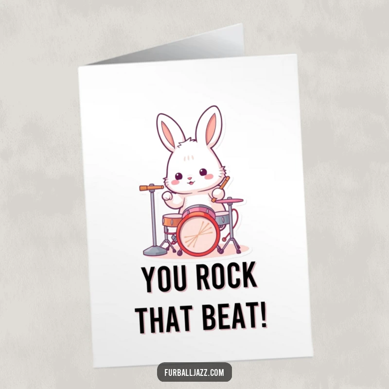 Funny Free Printable Congrats Card: Fluffy rabbit drumming a victory rhythm on a tiny kit, downloadable art.