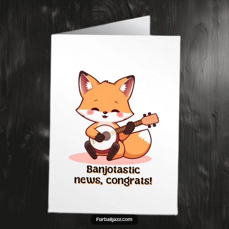 Funny Free Printable Congratulations Card showing a happy fox strumming a banjo, celebrating an achievement.