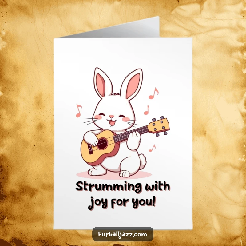 Funny free printable congratulations card: A happy rabbit plays a ukulele, offering a musical toast to success and good news.