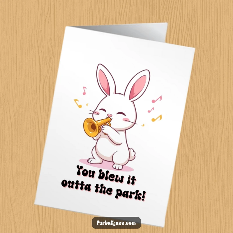 Funny Free Printable Congratulations Card: A happy rabbit enthusiastically blows a trumpet, announcing exciting news with joyful musical notes.