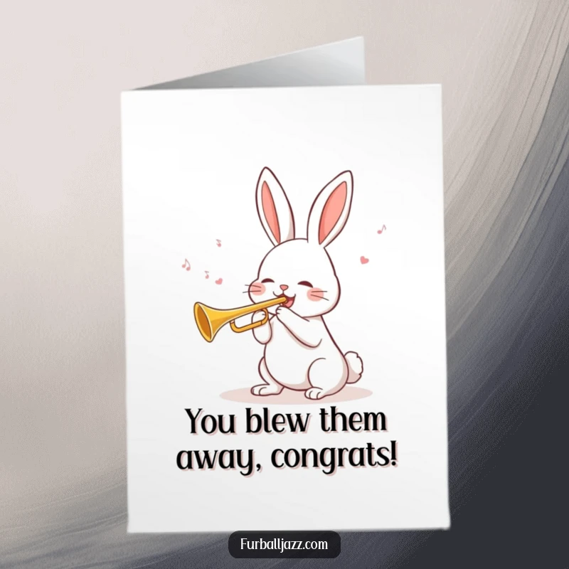 Funny Free Printable Congratulations Card: A rabbit blows a cheerful tune on a trumpet, celebrating a win with gusto.