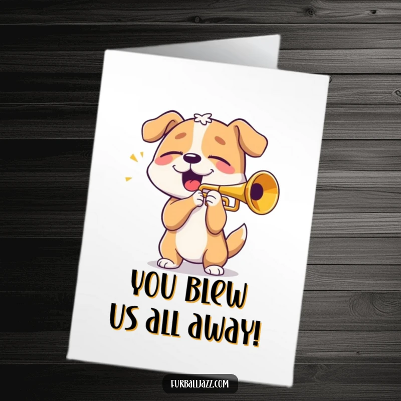Funny Free Printable Congrats Card: Energetic dog playing a trumpet, celebrating a big win with gusto.