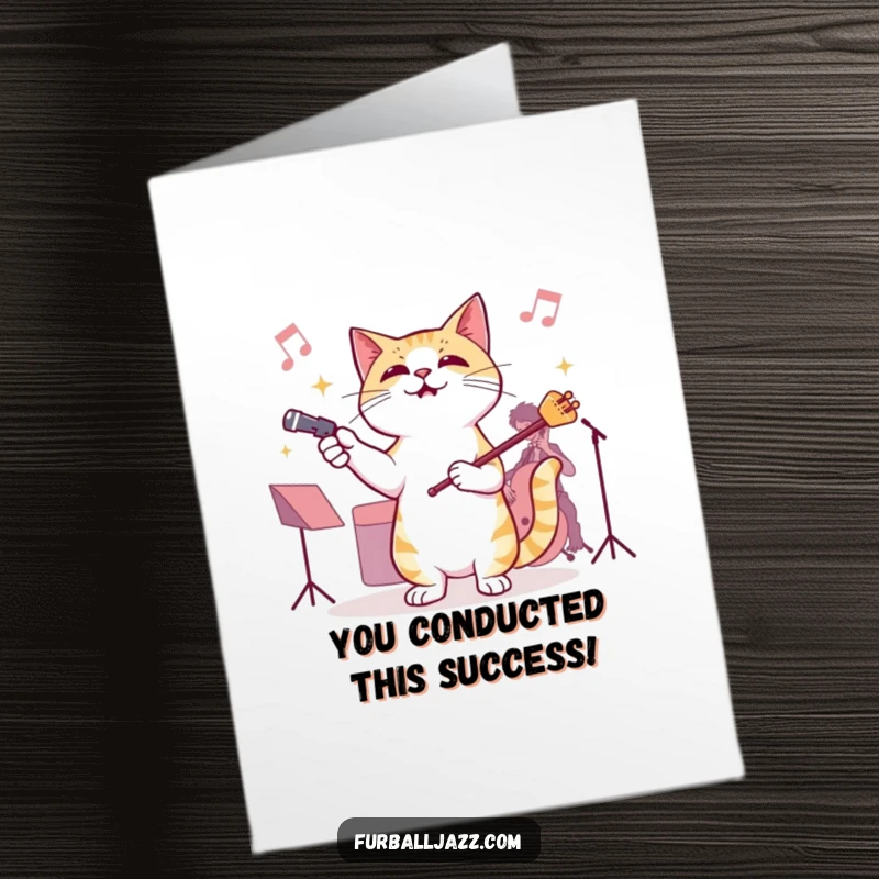 Free Printable Congratulations Card: A cat conducting an invisible jazz orchestra with pure glee and masterful style.