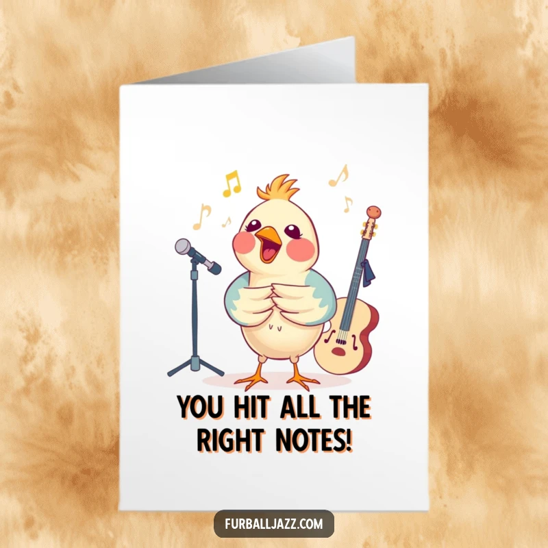 Funny Free Printable Congratulations Card featuring a bird joyfully singing along with a cool jazz band, celebrating victory.