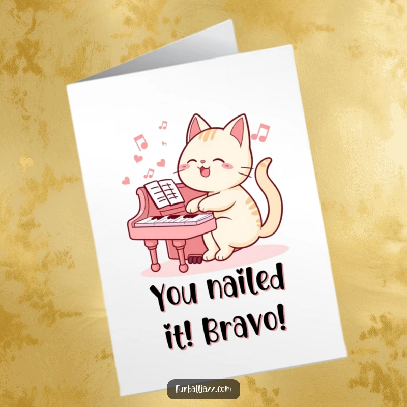 Funny Free Printable Congratulations Card with a cat musician playing a grand piano, a delightful downloadable gift.