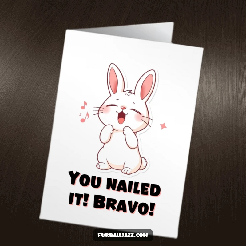 Funny Free Printable Congrats Card: Rabbit belting out a tune with eyes shut, celebrating success in style.