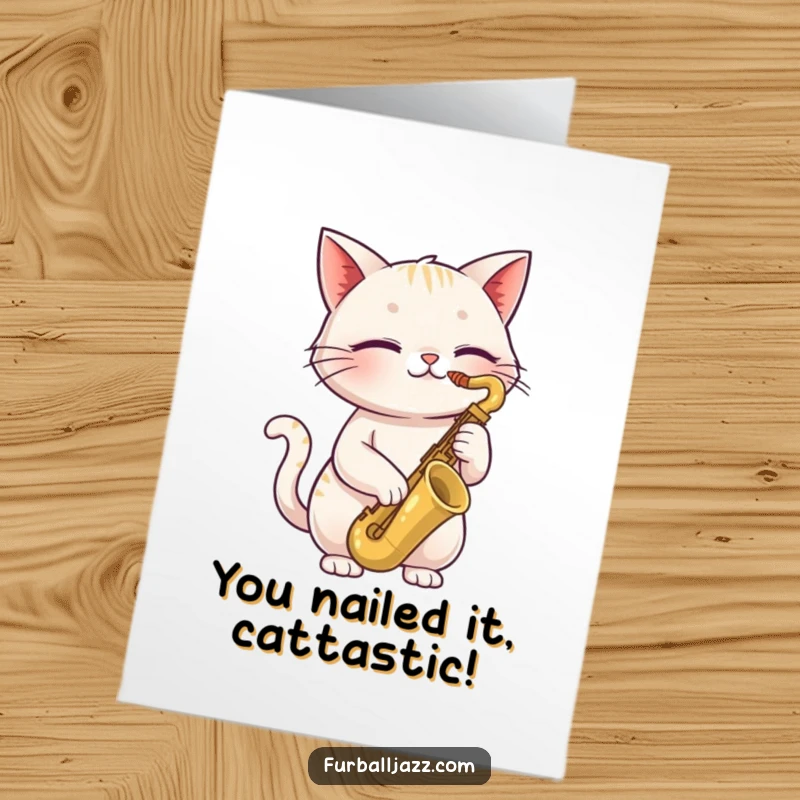Free printable congratulations card featuring a happy cat playing a saxophone with closed eyes, celebrating good news.
