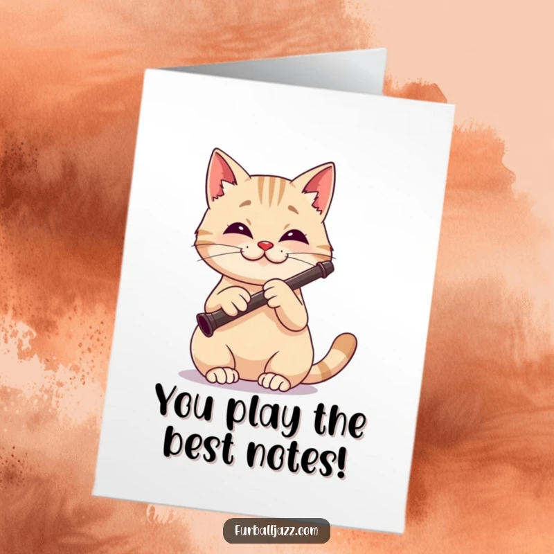 Funny Free Printable Congrats Card: A cat with a delighted expression playing the clarinet with focus.