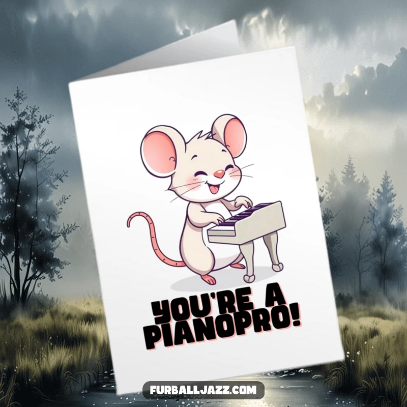 Funny Free Printable Congratulations Card: Mouse smilingly playing a jaunty piano, celebrating success with musical cheer. A downloadable tune.