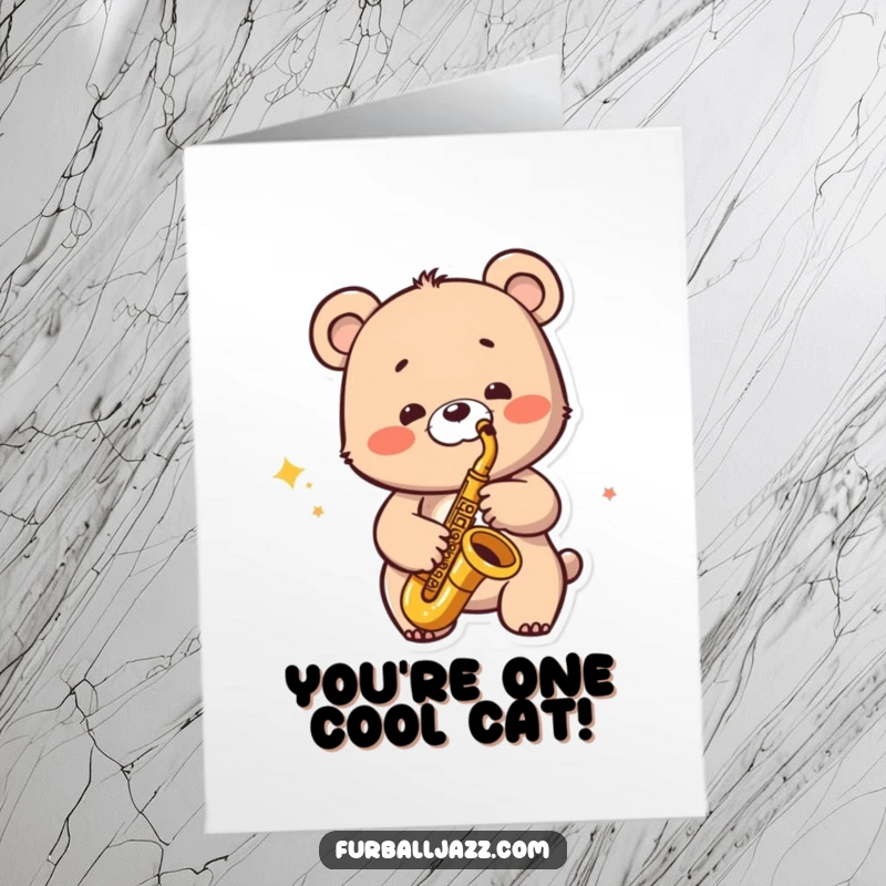Funny Free Printable Jazzy Bear Congratulations Card: A smiling bear plays a saxophone with energy, celebrating a wonderful achievement.