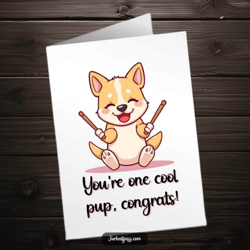 Free printable congratulations card featuring an excited dog enthusiastically tapping drumsticks on its knees, celebrating a win.