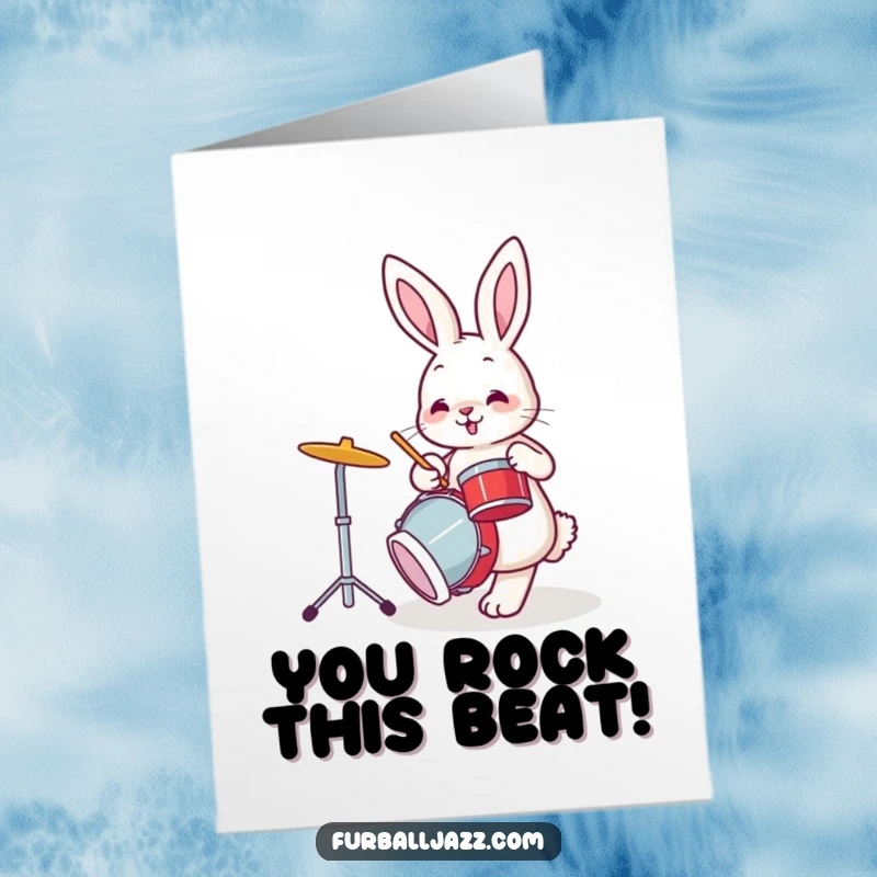 Funny Free Printable Congratulations Card: A happy bunny rabbit plays the drums expertly, tapping its foot to the beat of success.
