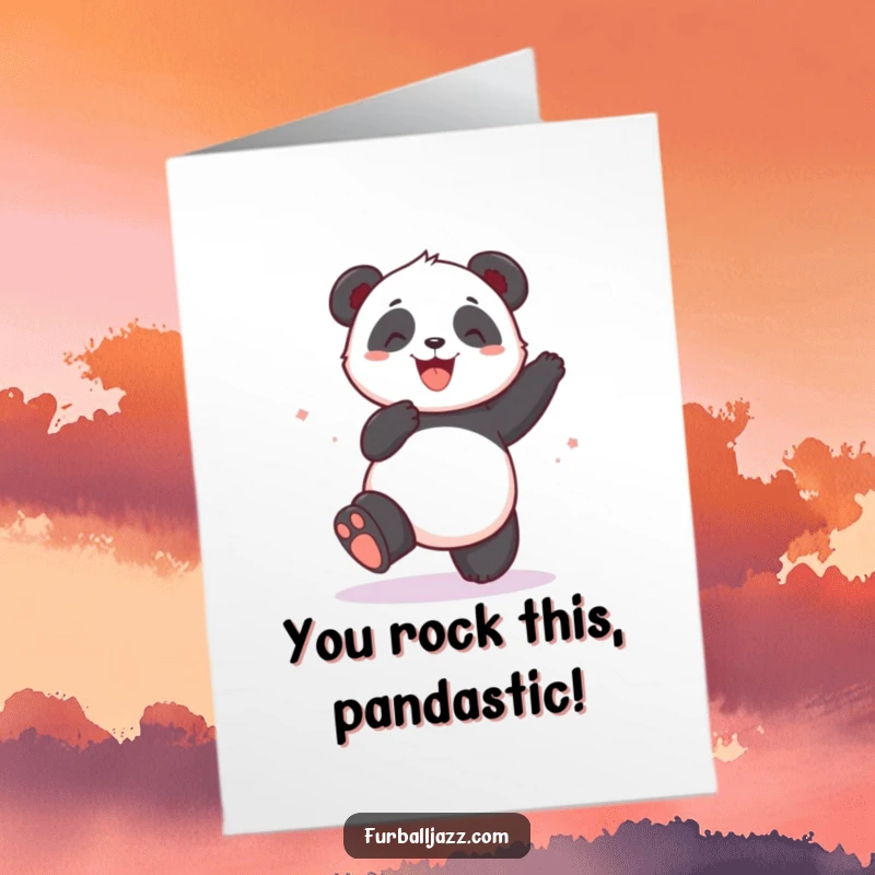 Funny Free Printable Congratulations Card: A happy panda dances enthusiastically, celebrating a milestone with infectious joy.