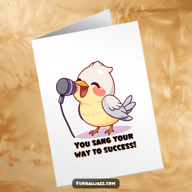 Funny Free Printable Congratulations Card: A bird sings joyfully into a microphone, celebrating success with a wide, beaming smile.