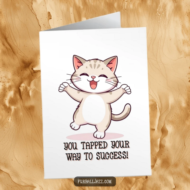 Funny Free Printable Congratulations Card showing a cat energetically tap dancing with a joyous, bouncy rhythm.