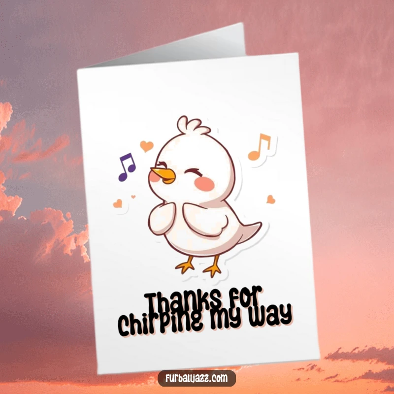 Funny Free Printable Thank You Card featuring a happy bird character fluting a cheerful melody, offering thanks through song.