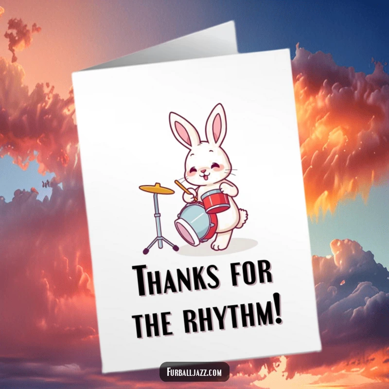 Funny Free Printable Thank You Card: A bunny rabbit plays the drums with enthusiasm, its foot tapping, as a gesture of thanks.