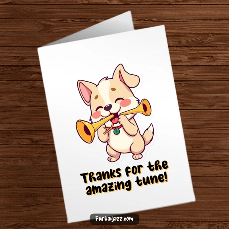 Funny Free Printable Thank You Card: A dog enthusiastically plays a trumpet, offering a musical note of thanks and appreciation.