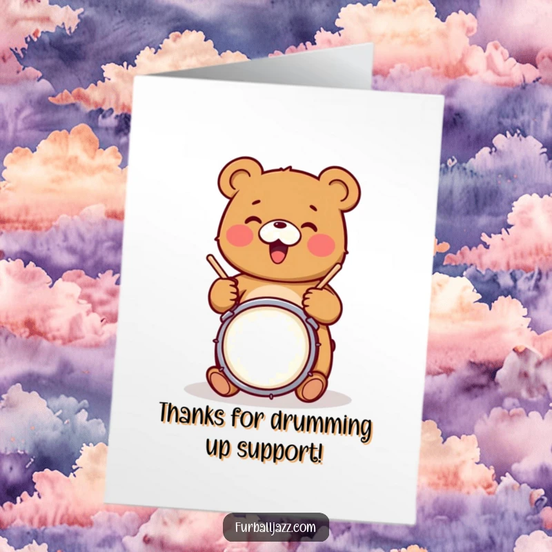 Funny Free Printable Thank You Card of a joyful bear character happily drumming, conveying a strong sense of gratitude.