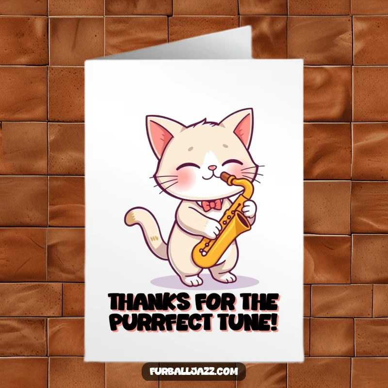 Funny Free Printable Thank You Card of a cute cat playing a saxophone, conveying cool and appreciative vibes.