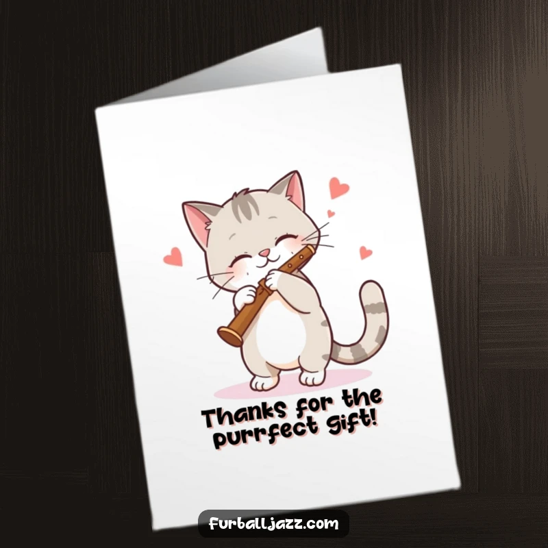 Funny Free Printable Thank You Card: Cat swaying to a clarinet tune, sending jazzy thanks with a sophisticated, charming expression.