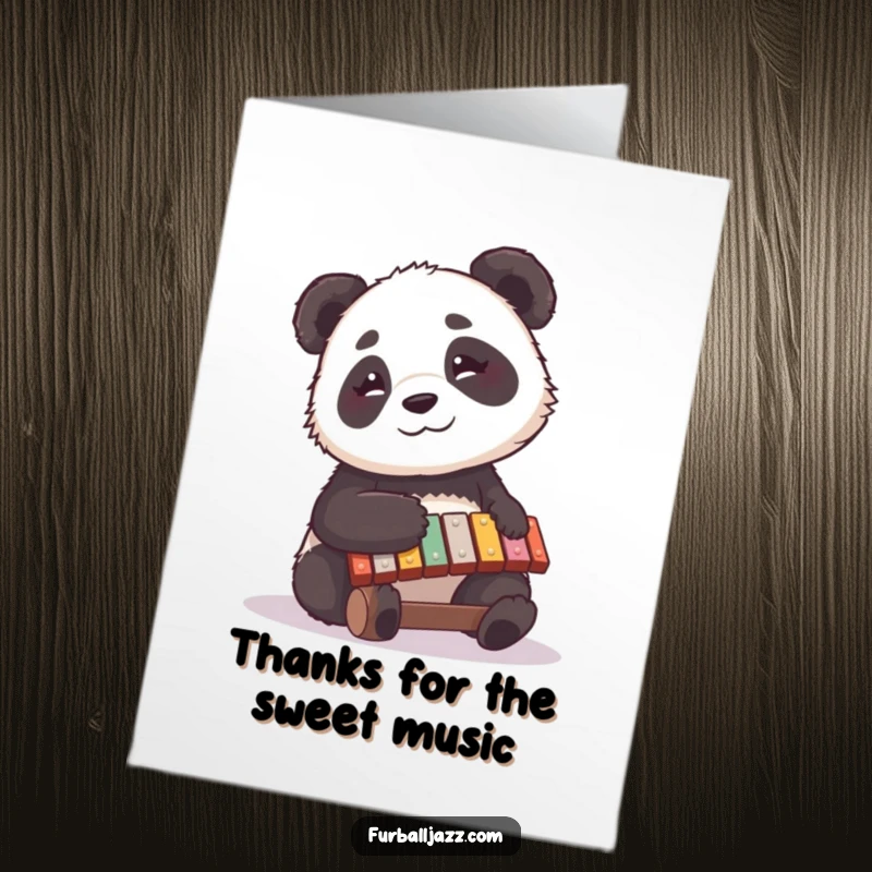 Funny Free Printable Thank You Card: Contemplative panda plays a xylophone tune to say thank you, art print.