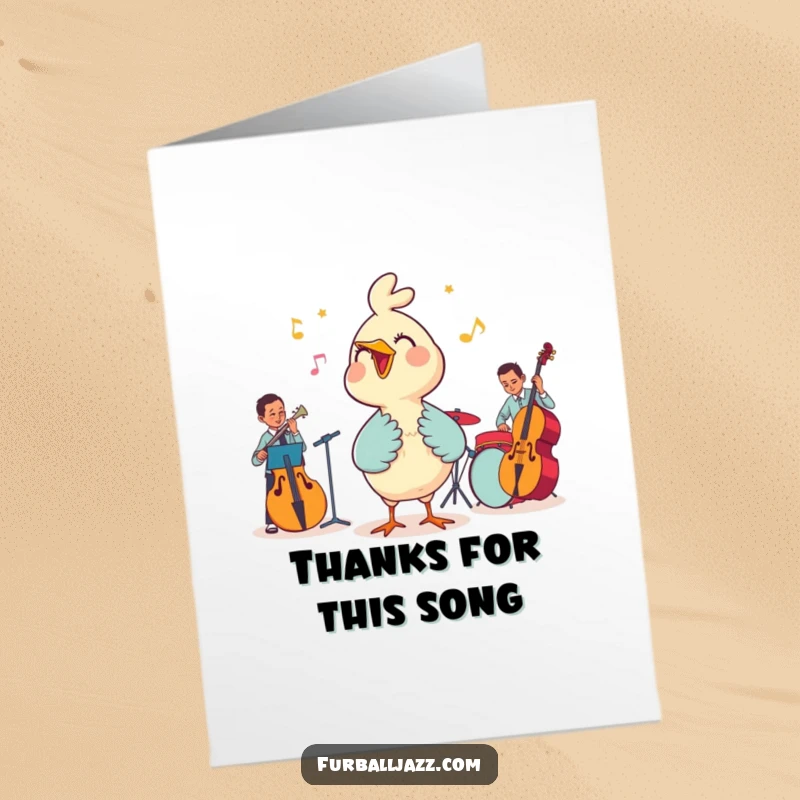 Funny Free Printable Thank You Card: A cheerful bird takes center stage, singing thanks with its jazz band backing.