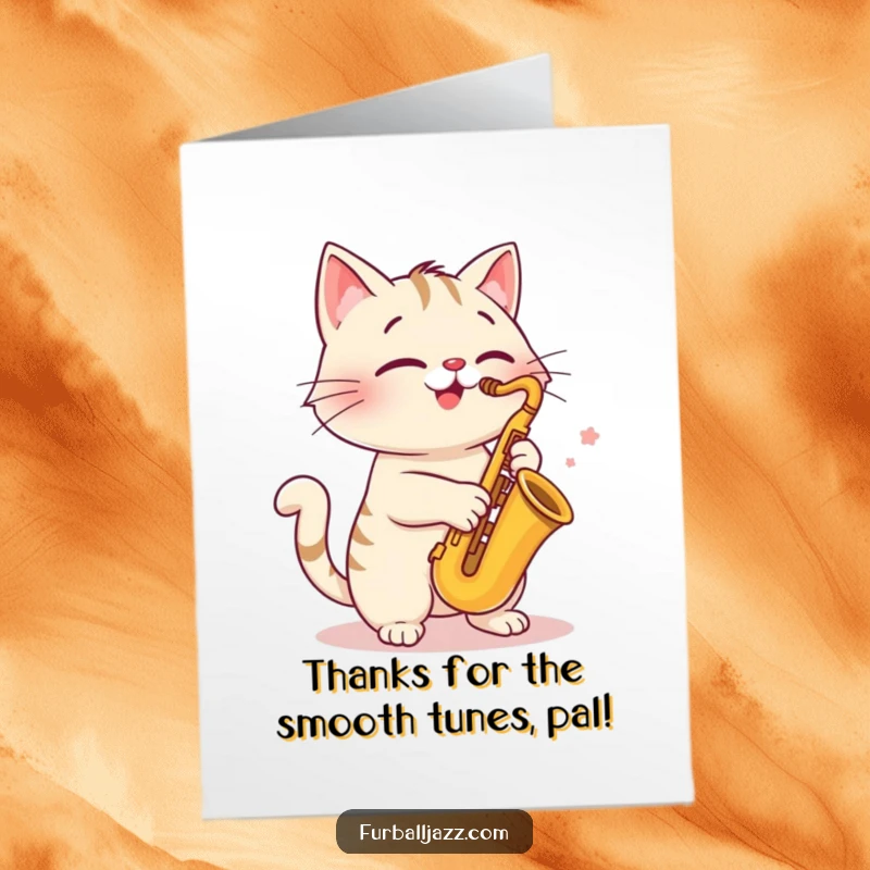 Funny Free Printable Thank You Card: A cheerful cat plays a saxophone, offering a musical thank you.