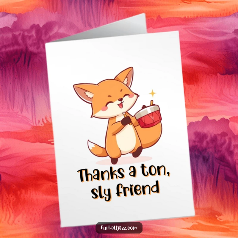 Funny Free Printable Thank You Card: A fox energetically playing cymbals, a unique downloadable way to express thanks.